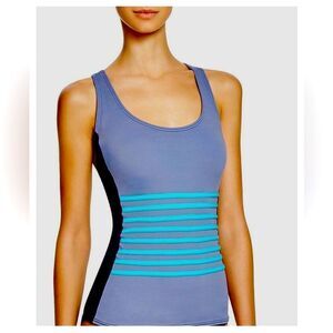 DKNY Swim Gray and Blue Striped racerback Tankini Top size small- EUC!